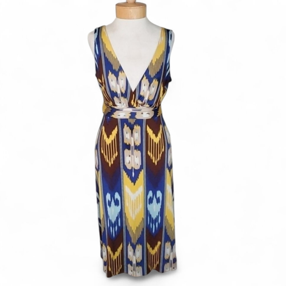 Tory Burch 100% Silk Ikat Resort Midi Dress Blue Yellow Small - Picture 2 of 10